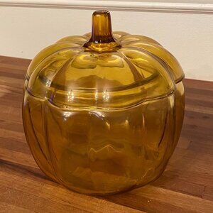 Anchor Hocking Amber Glass Fall Pumpkin Shaped Cookie Candy Jar